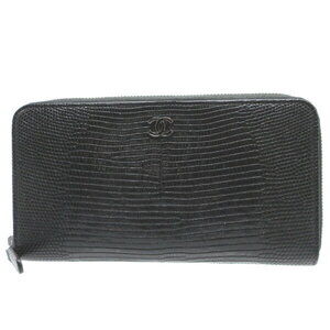 Chanel Coco Mark Lizard Black Zip Around Long Wallet